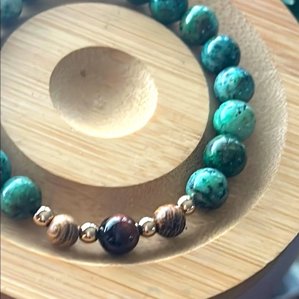 Handmade African Turquoise + African Wood Brad + Red Tigers Eye Beaded Bracelet